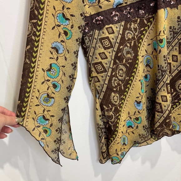 Brown Boho Y2K V-Neck Bell Sleeve Blouse M - Picture 4 of 14